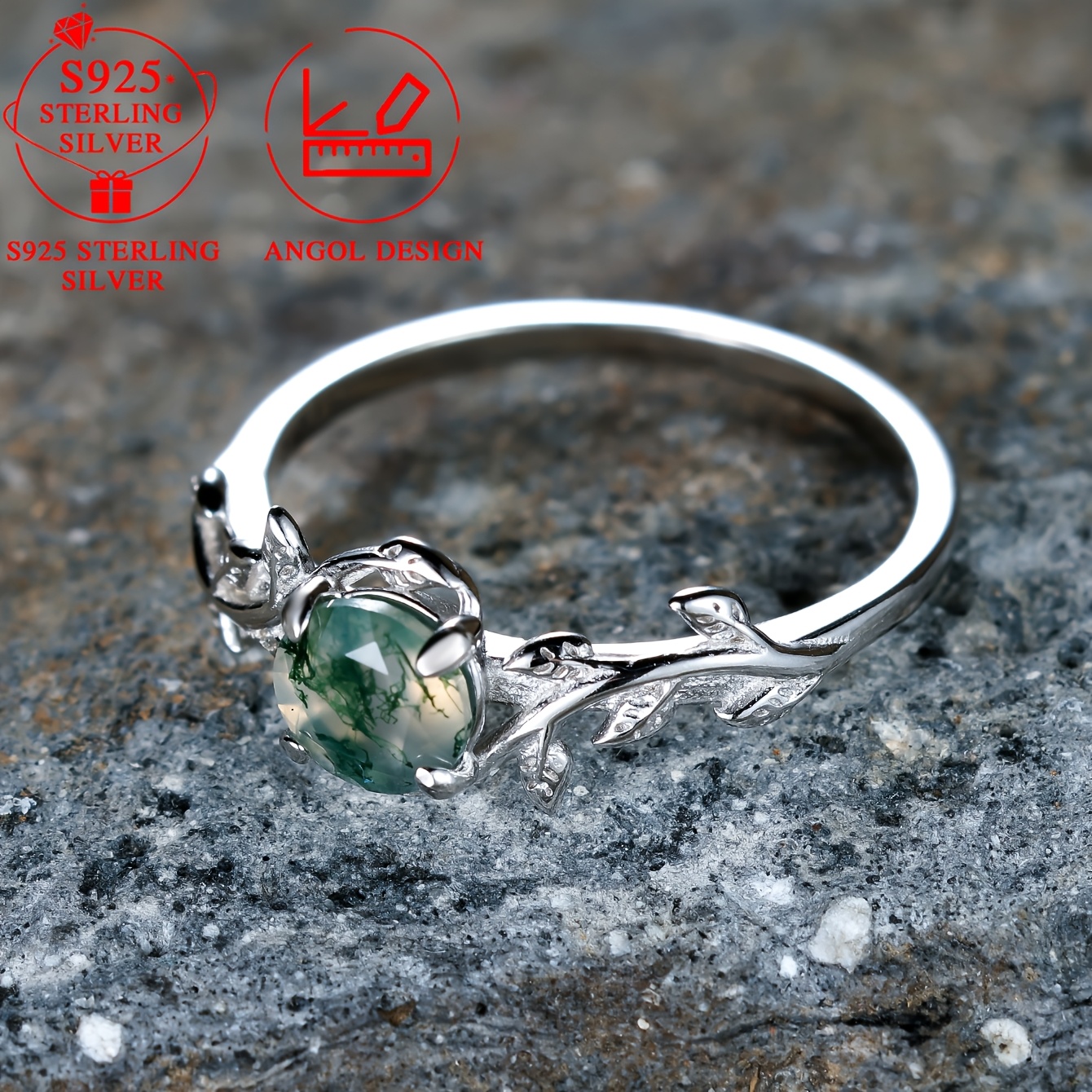 Women's S925 Sterling Silver Round Water Grass Agate Leaf Ring